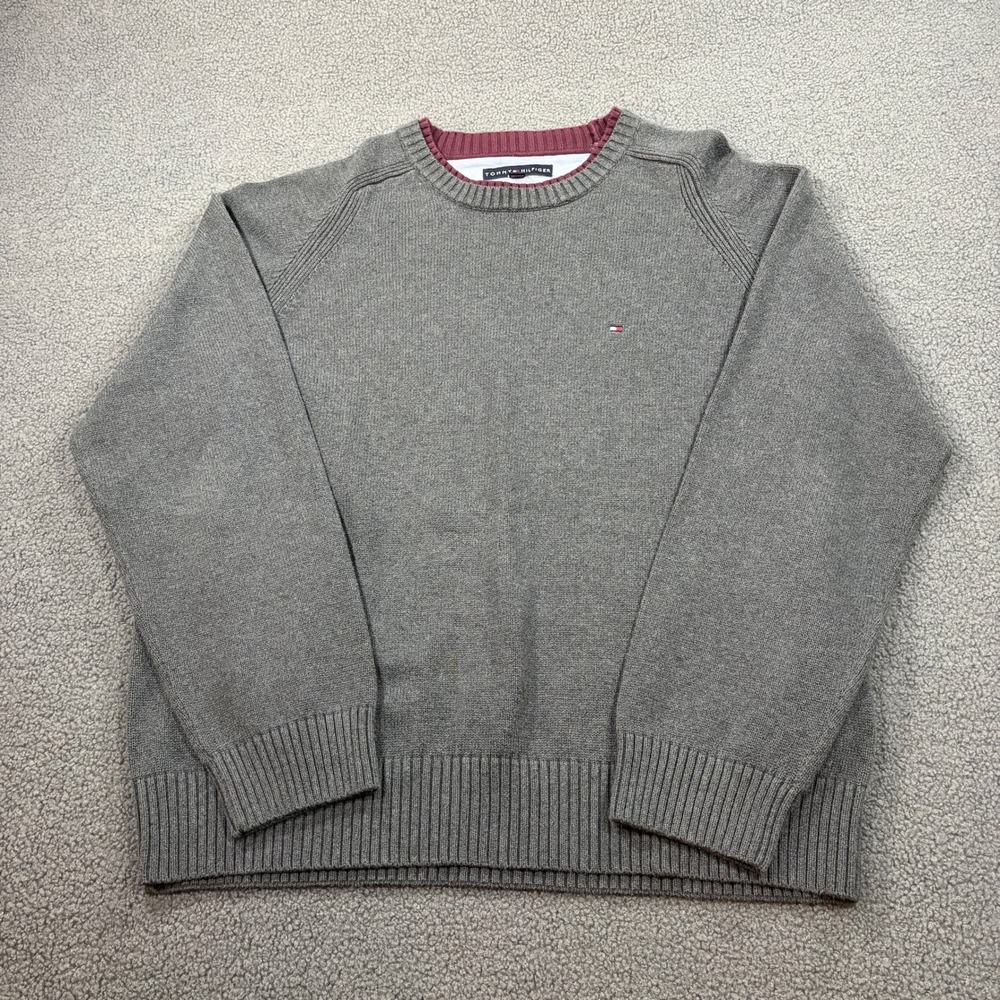 Tommy Hilfiger Sweater Mens XL Gray Crewneck Cotton Knit Flag Logo Raglan 7954